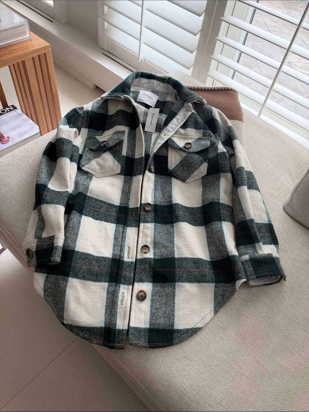 Unisex Bluenotes Green & Cream Plaid Button-Down Shacket with pockets.